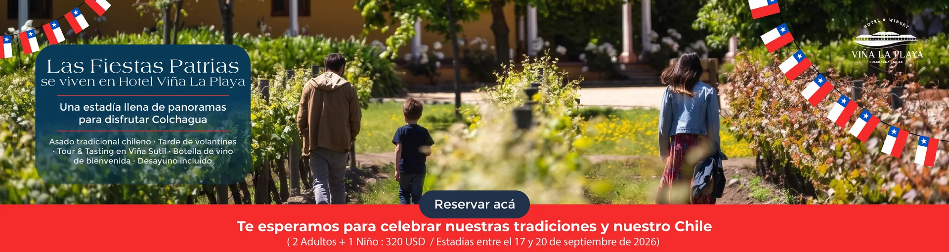 Fiestas Patrias en Hotel Viña La Playa: asado tradicional chileno, tarde de volantines, tour y tasting en Viña Sutil, botella de vino de bienvenida y desayuno incluido. Estadías entre el 17 y el 20 de septiembre.